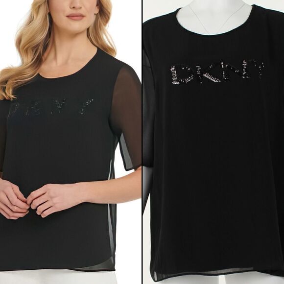 DKNY Mixed-Media Sequined Logo Top - Picture 1 of 5